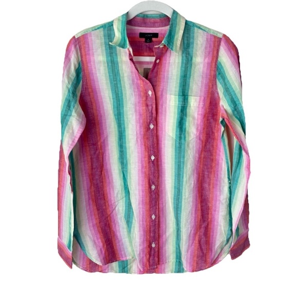 J. Crew Tops - J. Crew Classic-Fit Boy Shirt Rainbow Stripe Linen Blouse Women’s Sz 4 AJ424 NWT